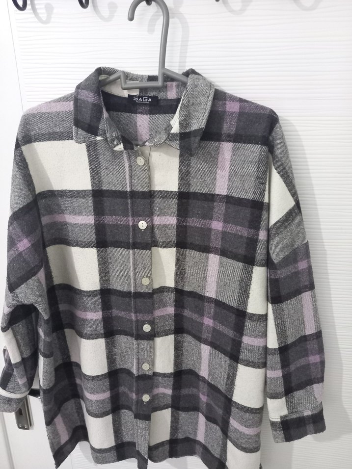 Gri Ekose Desenli Düğmeli Uzun Kollu Gömlek - Görsel 2