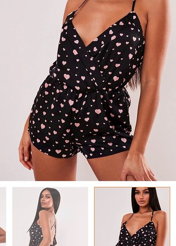 Siyah Mini V Yakalı Desenli Tulum - Görsel 3