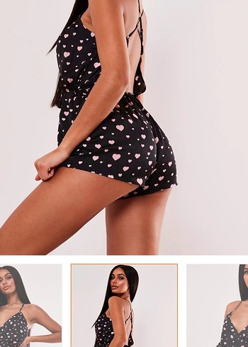 Siyah Mini V Yakalı Desenli Tulum - Görsel 2