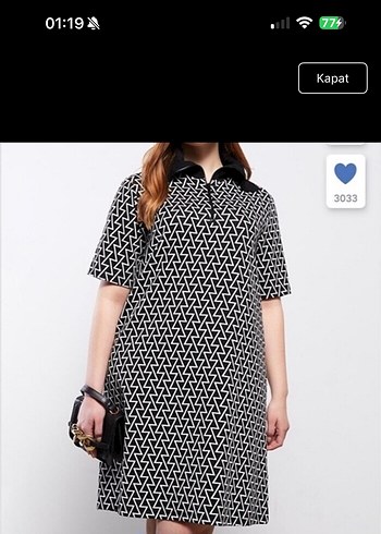 Siyah Beyaz Desenli Midi V Yaka Elbise - Görsel 2