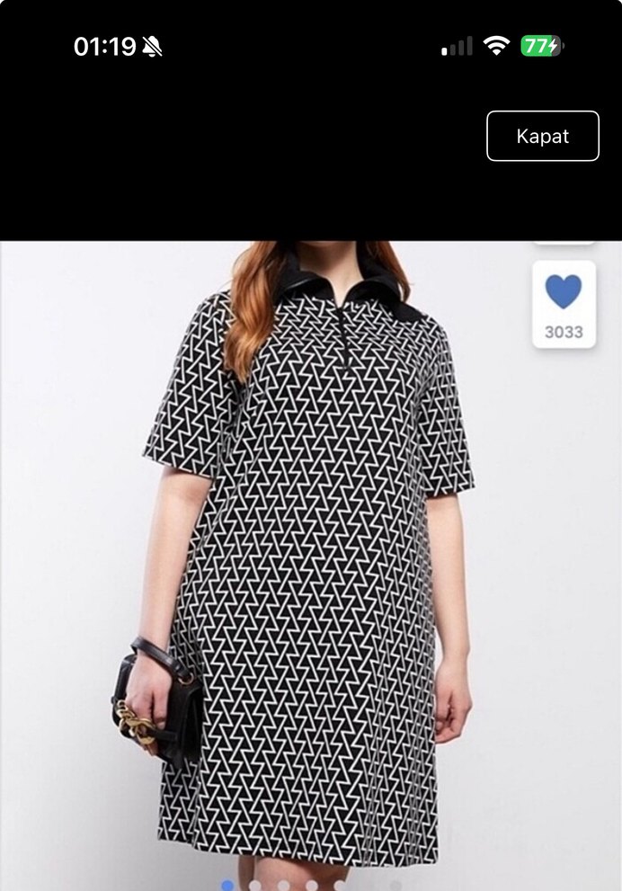 Siyah Beyaz Desenli Midi V Yaka Elbise - Görsel 2