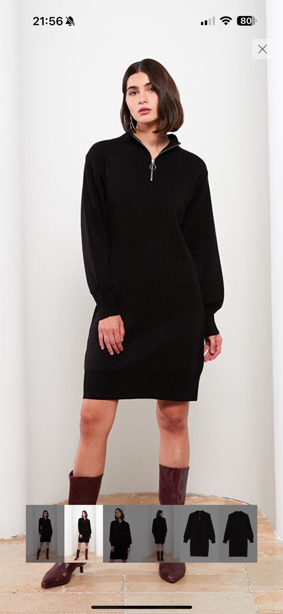 Siyah Fermuarlı Yarım Boğazlı Triko Elbise - Görsel 2