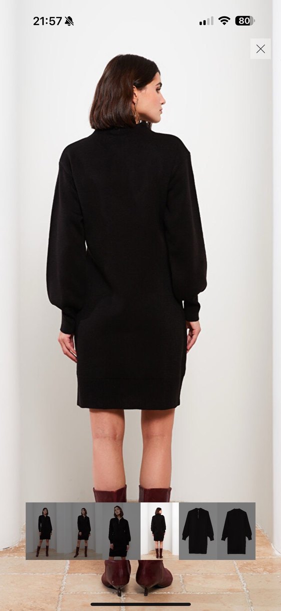 Siyah Fermuarlı Yarım Boğazlı Triko Elbise - Görsel 4