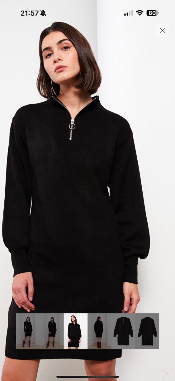 Siyah Fermuarlı Yarım Boğazlı Triko Elbise - Görsel 3