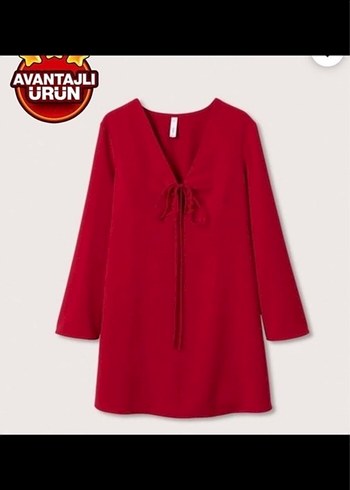 Kırmızı V Yaka Midi Bohem Elbise - Görsel 3