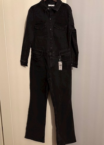 Siyah Denim Kadın Tulum, Uzun Kollu, Düğmeli - Görsel 3