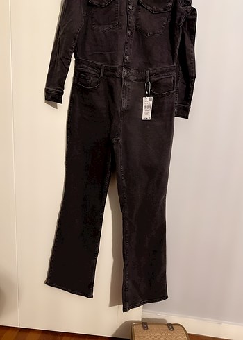 Siyah Denim Kadın Tulum, Uzun Kollu, Düğmeli - Görsel 5