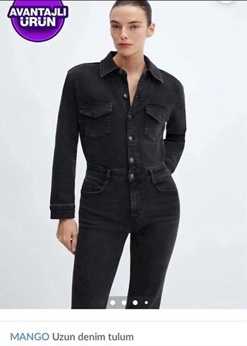 Siyah Denim Kadın Tulum, Uzun Kollu, Düğmeli - Görsel 2