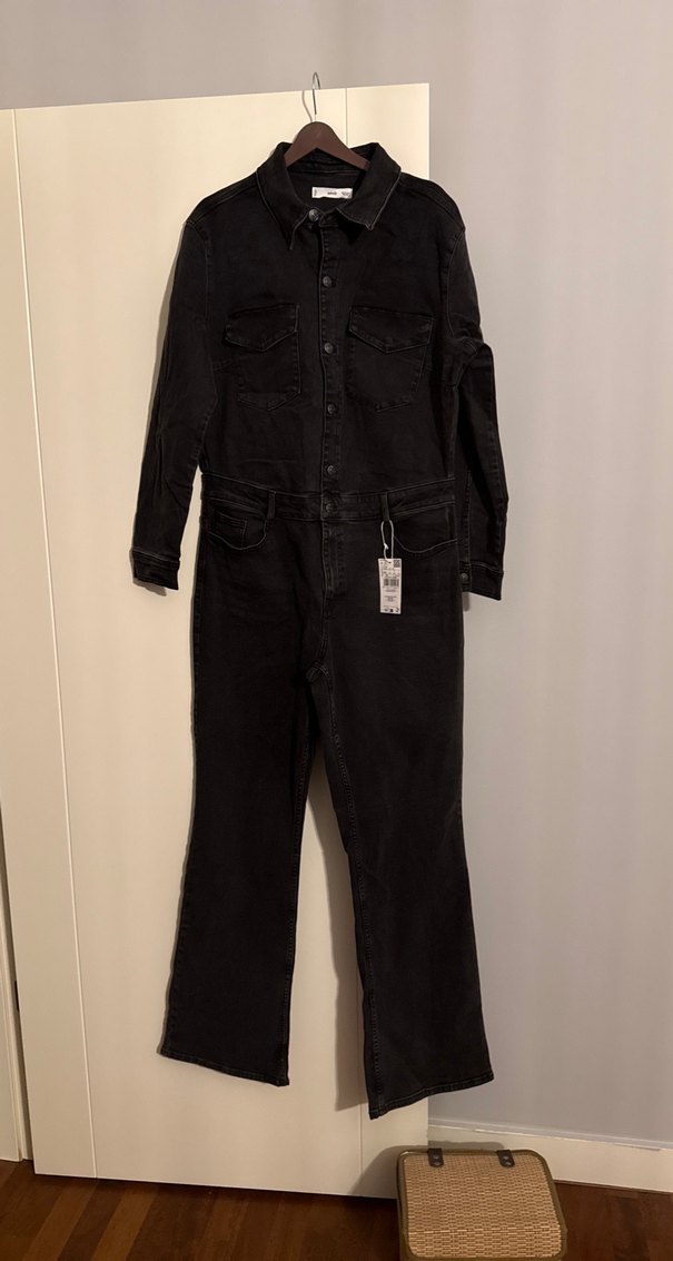 Siyah Denim Kadın Tulum, Uzun Kollu, Düğmeli - Görsel 3