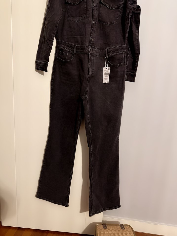 Siyah Denim Kadın Tulum, Uzun Kollu, Düğmeli - Görsel 5