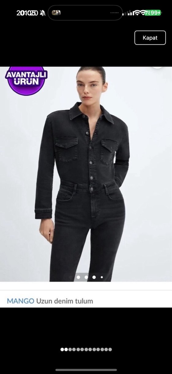 Siyah Denim Kadın Tulum, Uzun Kollu, Düğmeli - Görsel 2