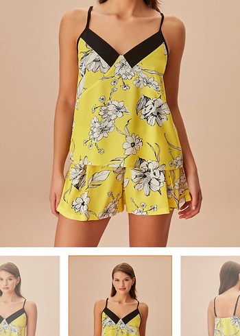 Sarı Çiçek Desenli Mini Kadın Gecelik - Görsel 3