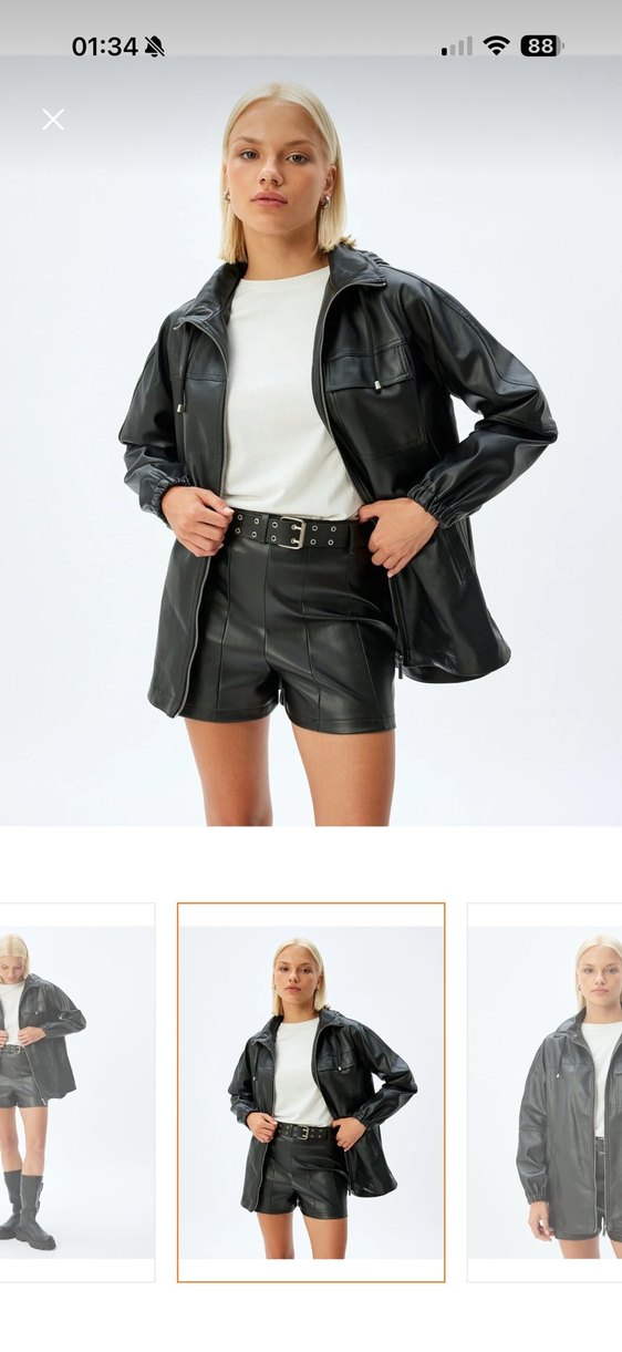 Kadın Siyah Deri Kemerli deri ceket - Görsel 2