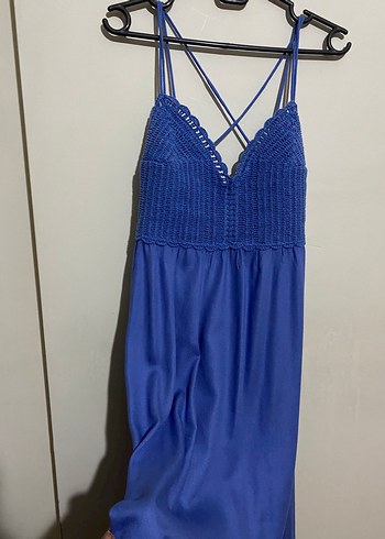 Stradivarius Mavi Örgü Detaylı Uzun Askılı Elbise
