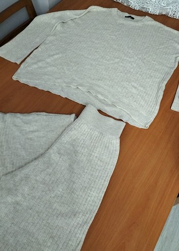 m Beden Bej Gri Kadın triko Rahat Pantolon buluz ikili takım