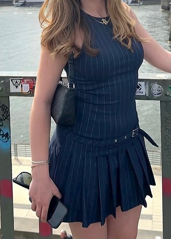 Lacivert Çizgili Denim Midi Elbise