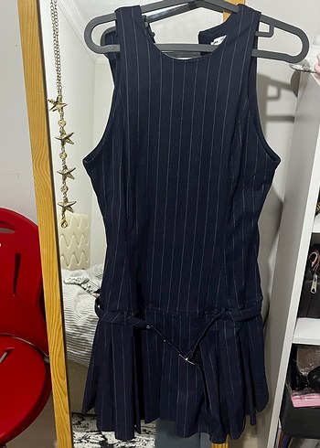 m Beden Lacivert Çizgili Denim Midi Elbise