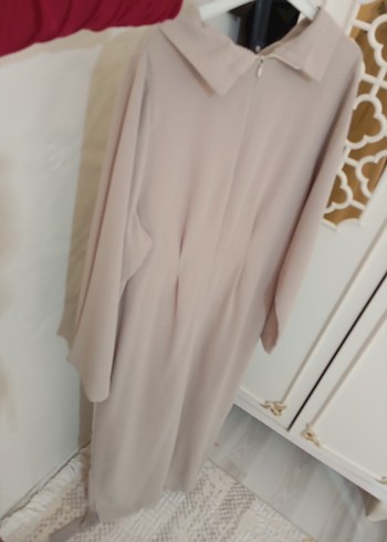 Bej Uzun Kollu Drapeli Kadın Elbise - Görsel 2