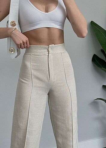 m Beden ten rengi Renk Yüksek bel çimali keten pantalon 