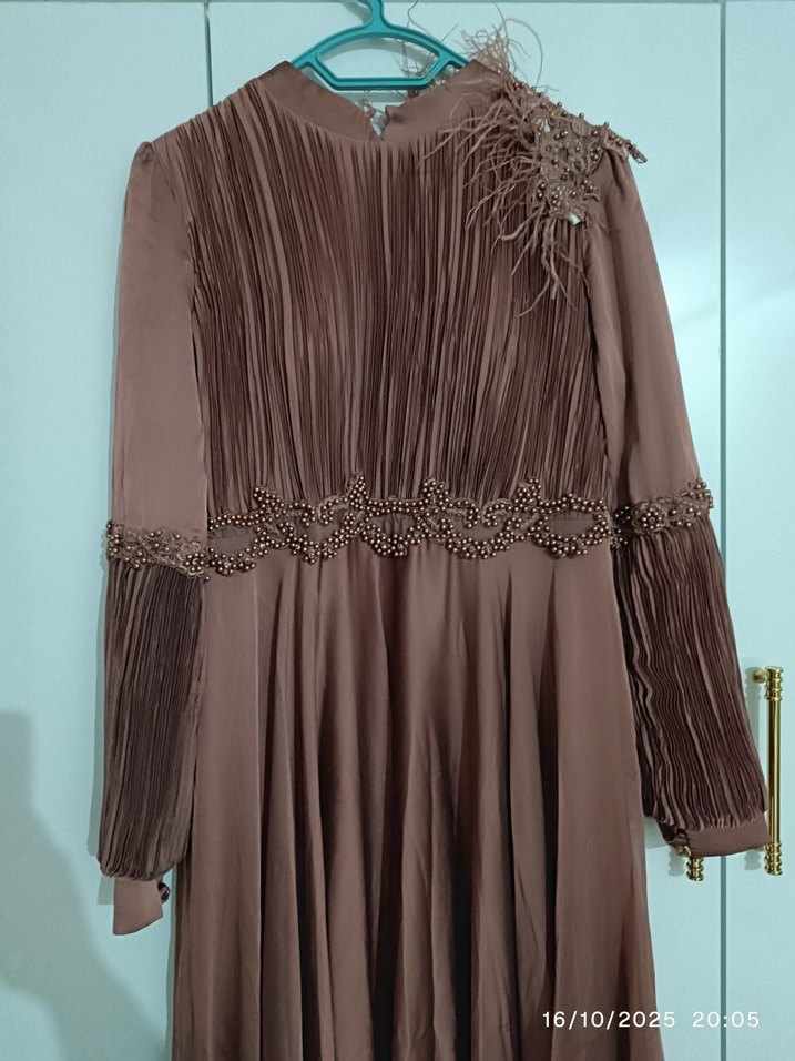 Bej Drapeli Kadın Uzun Abiye - Görsel 3