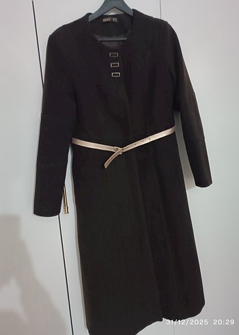 Kahverengi kemerli kaşe kaban - Görsel 7