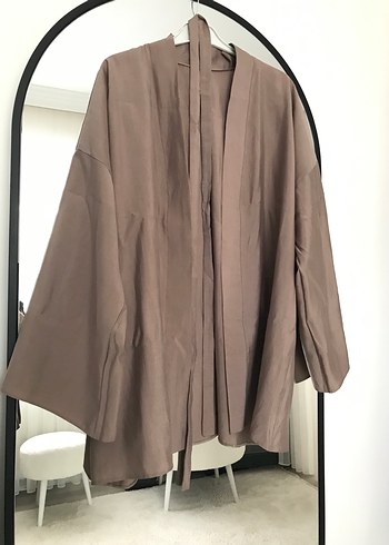 diğer Beden Bej Uzun Keten Kadın Kimono