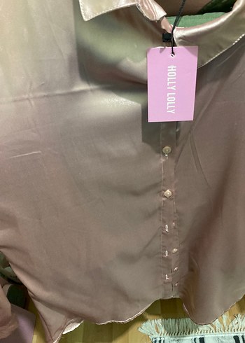 pembe Saten Kadın Gömlek hollylolly - Görsel 6
