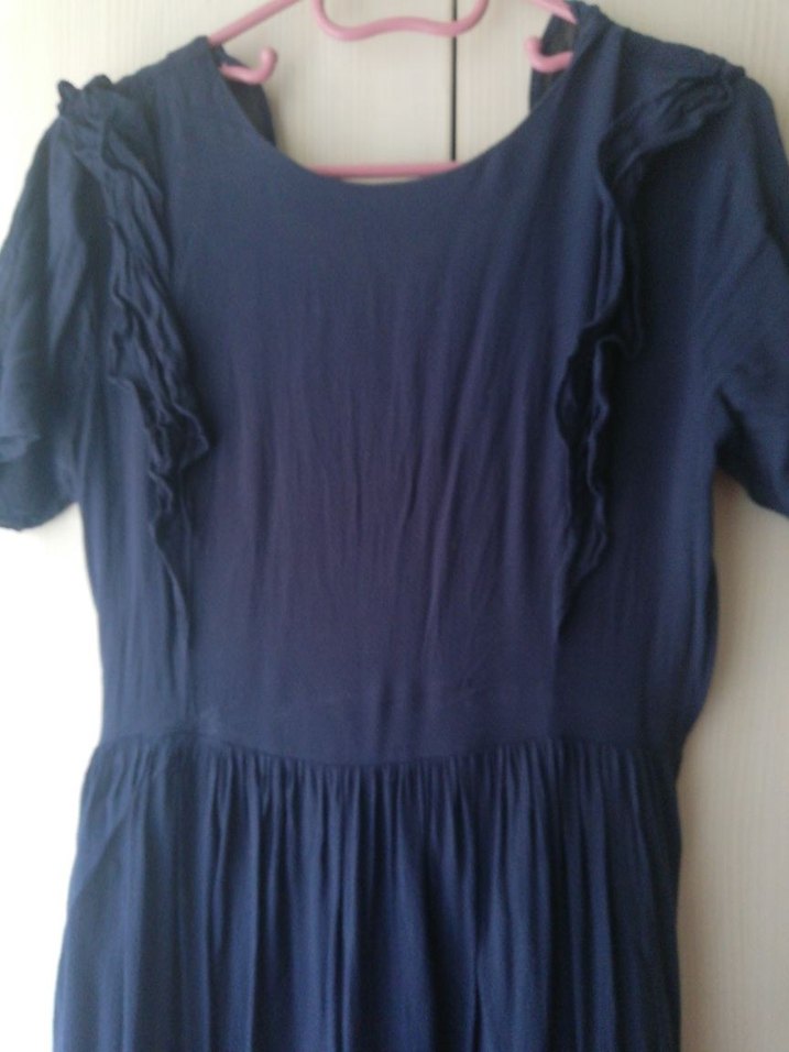Lacivert Midi  Elbise, Fırfırlı, Kısa Kollu - Görsel 3