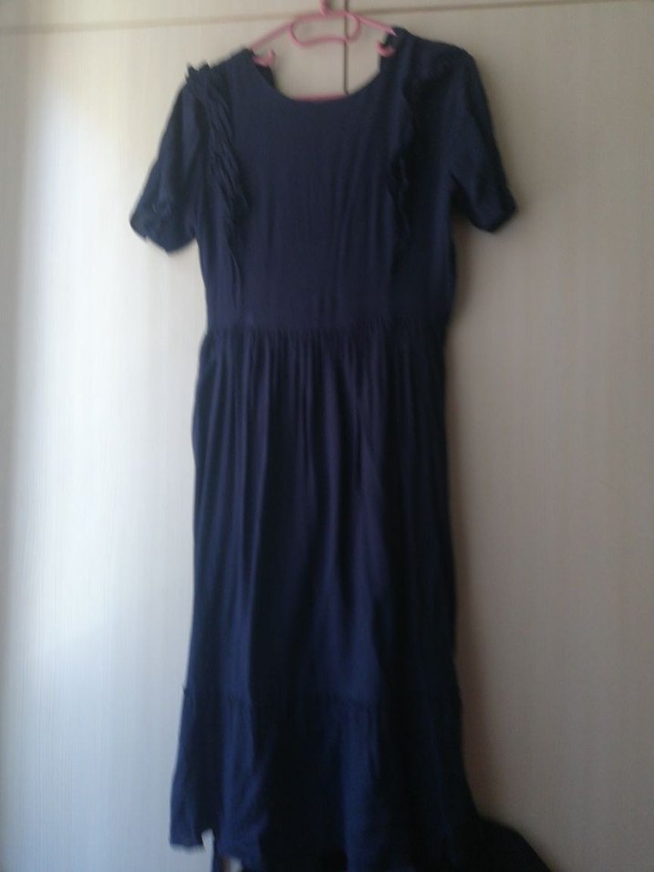 Lacivert Midi  Elbise, Fırfırlı, Kısa Kollu - Görsel 2