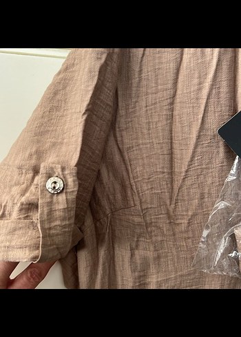 Bej Keten V Yaka Uzun Elbise - Görsel 6