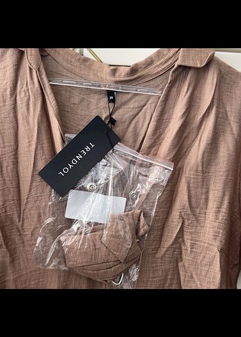 Bej Keten V Yaka Uzun Elbise - Görsel 2