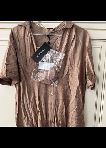 Bej Keten V Yaka Uzun Elbise - Görsel 5