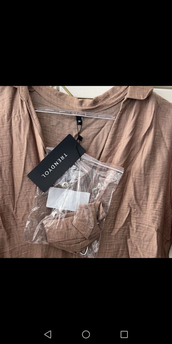 Bej Keten V Yaka Uzun Elbise - Görsel 2