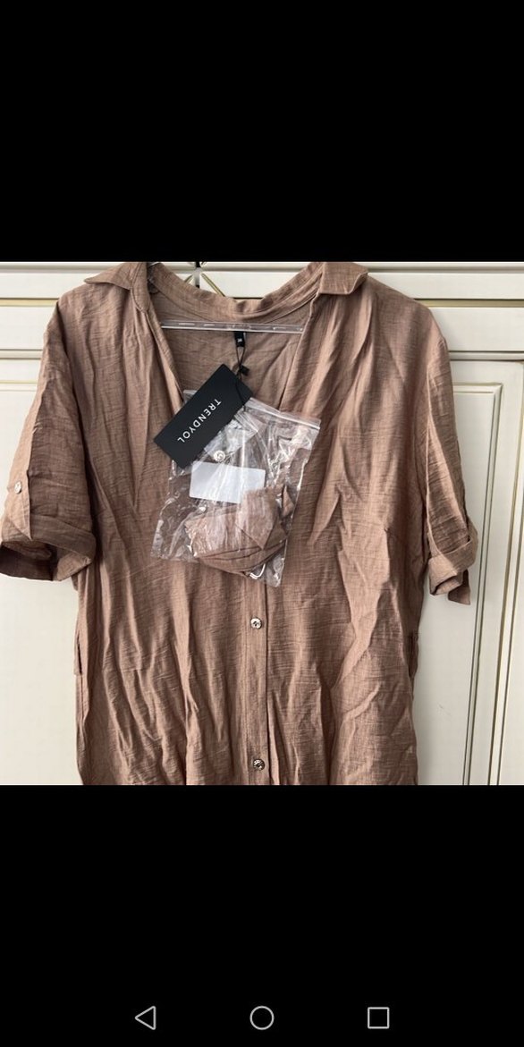 Bej Keten V Yaka Uzun Elbise - Görsel 5