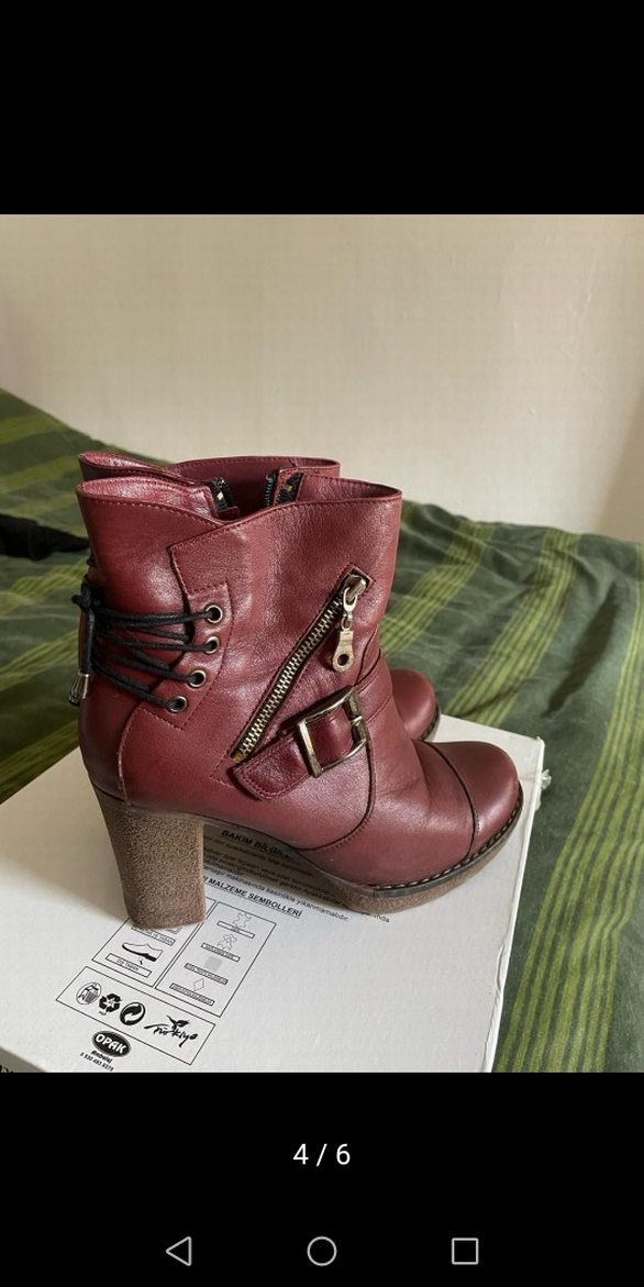 Bordo Deri Tokalı Kadın Topuklu Bot - Görsel 3