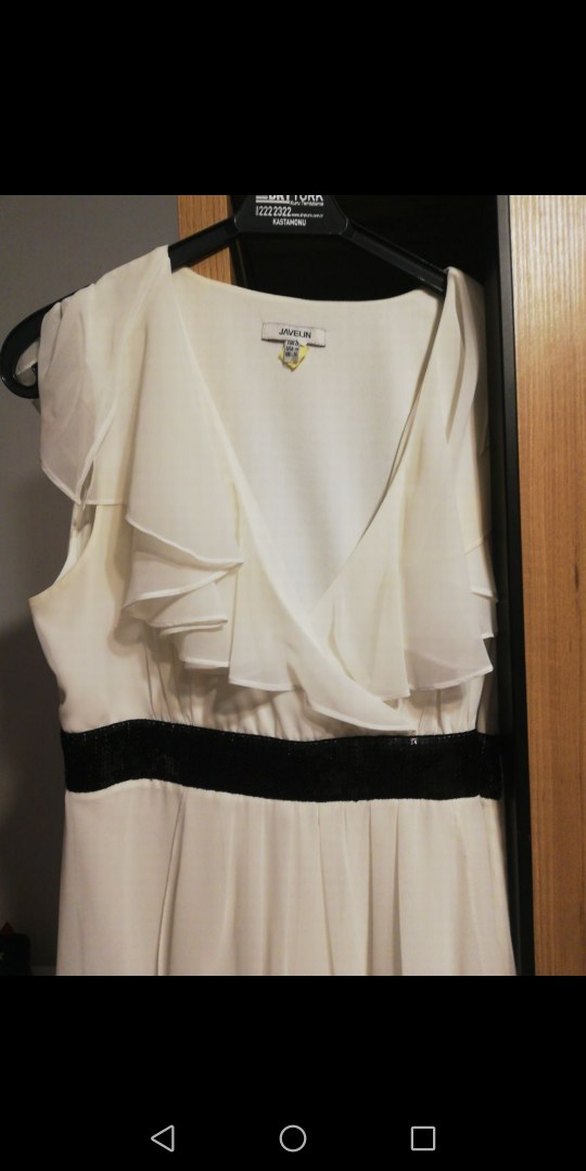 Beyaz Midi Katlı Elbise Siyah Kemerli - Görsel 2