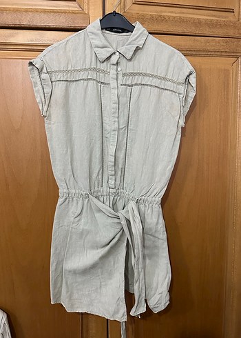 Bej Keten Midi Tulum, Kısa Kollu, Salaş Kesim - Görsel 2