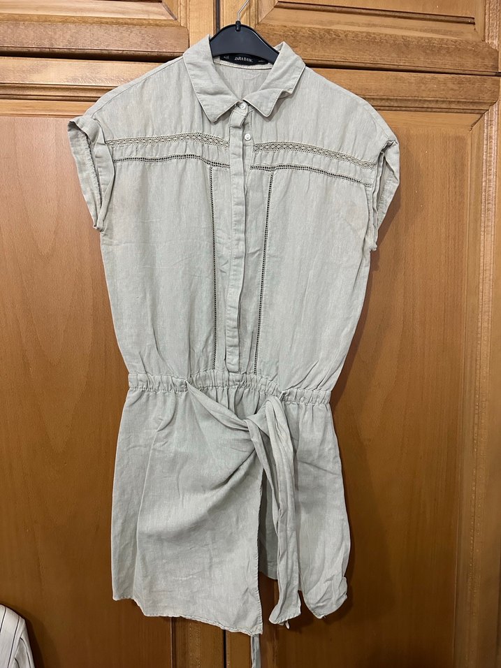 Bej Keten Midi Tulum, Kısa Kollu, Salaş Kesim - Görsel 2