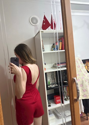 Kırmızı V sırt Kolsuz Kadın Tulum - Görsel 2