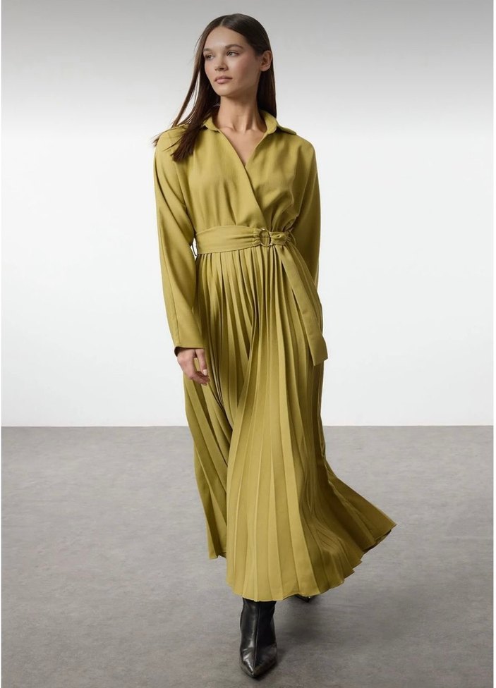 Pilili V Yaka Uzun Kadın Elbise - Görsel 3