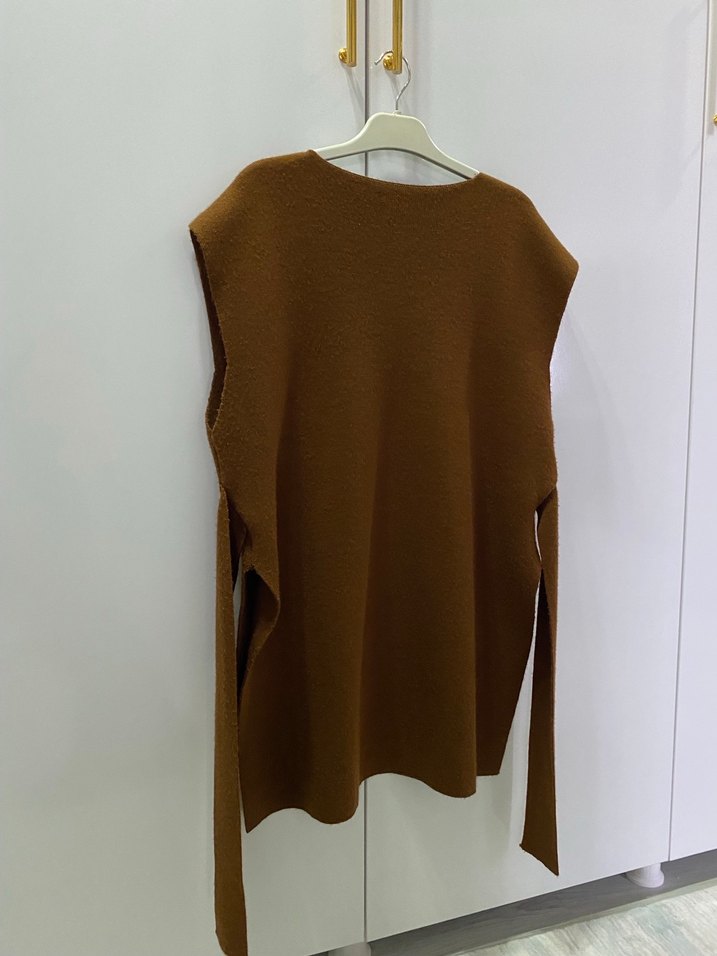 Kahverengi V Yaka Örgü Kadın Süveter - Görsel 2