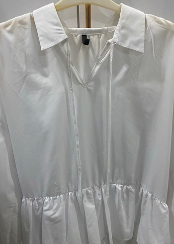 Kadın Beyaz Keten Fırfırlı Mini Tunik - Görsel 2