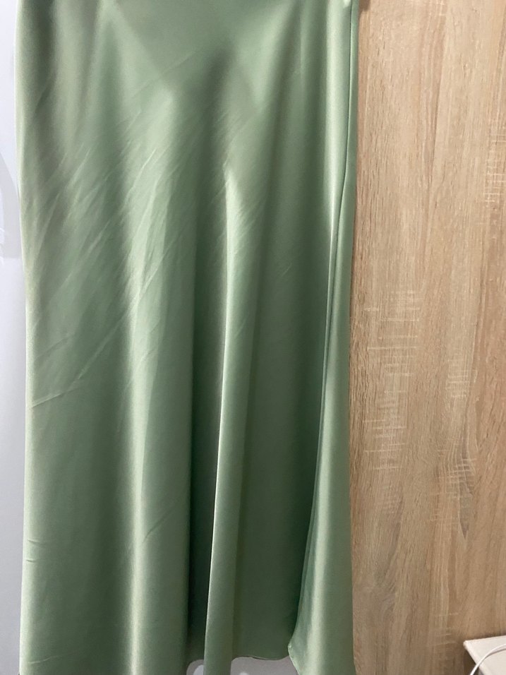 Kadın Haki Midi Saten Uzun Etek - Görsel 2