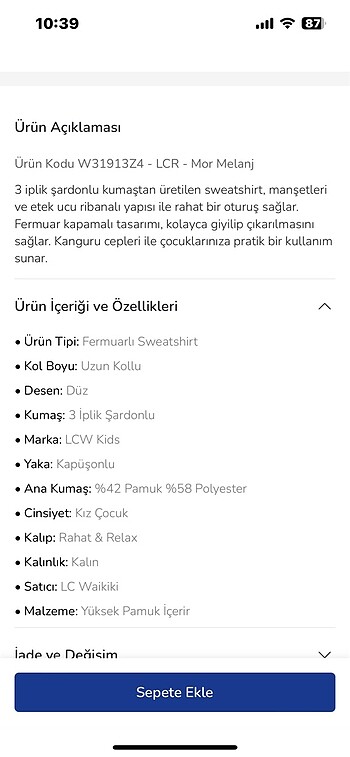 12-13 Yaş Beden mor Renk Lcw Kız Çocuk Sweatshirt Hırka