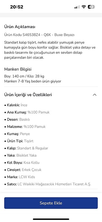 13-14 Yaş Beden LCW Erkek Çocuk Tişört