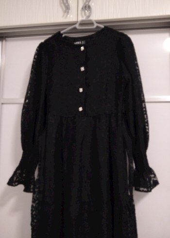 Siyah Fırfırlı Uzun astarlı Elbise - Görsel 3