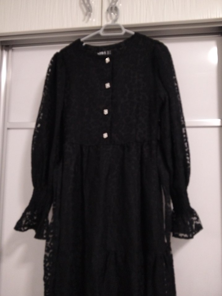 Siyah Fırfırlı Uzun astarlı Elbise - Görsel 3