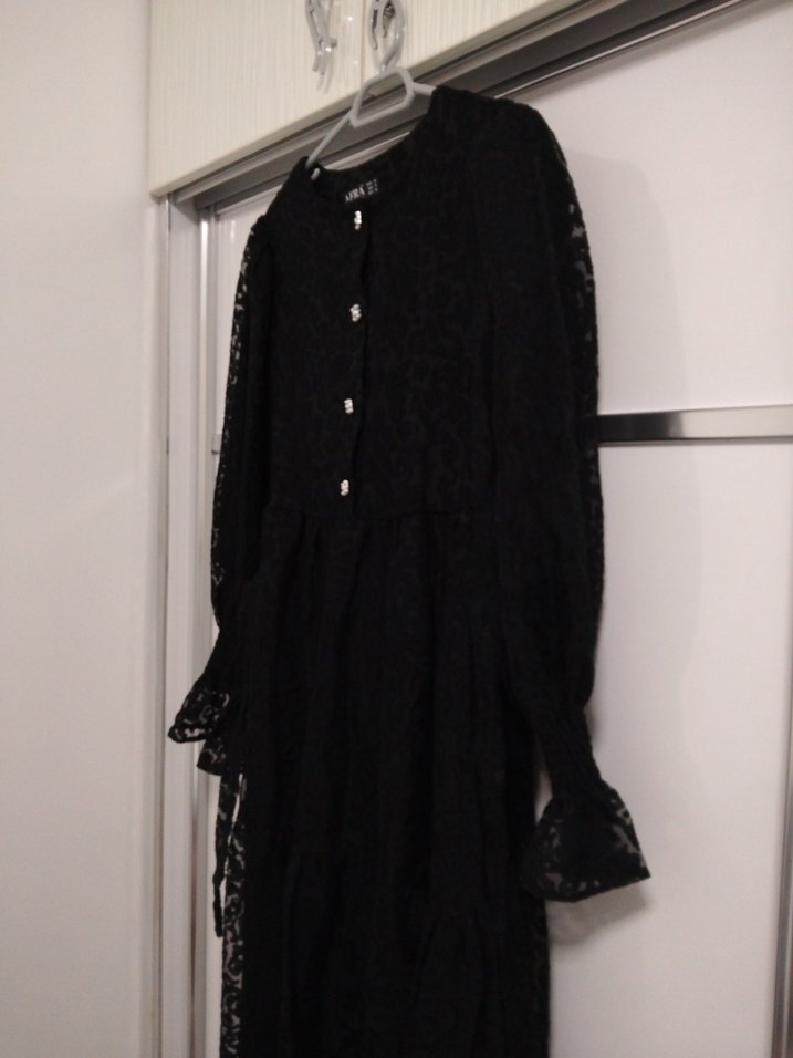 Siyah Fırfırlı Uzun astarlı Elbise - Görsel 4