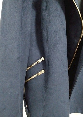 Lacivert Süet Fermuarlı Kadın Deri Ceket - Görsel 2