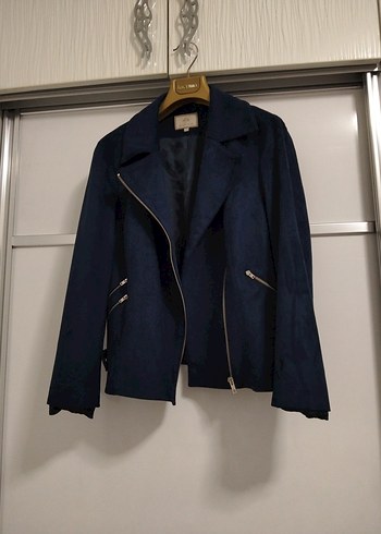 Lacivert Süet Fermuarlı Kadın Deri Ceket - Görsel 6